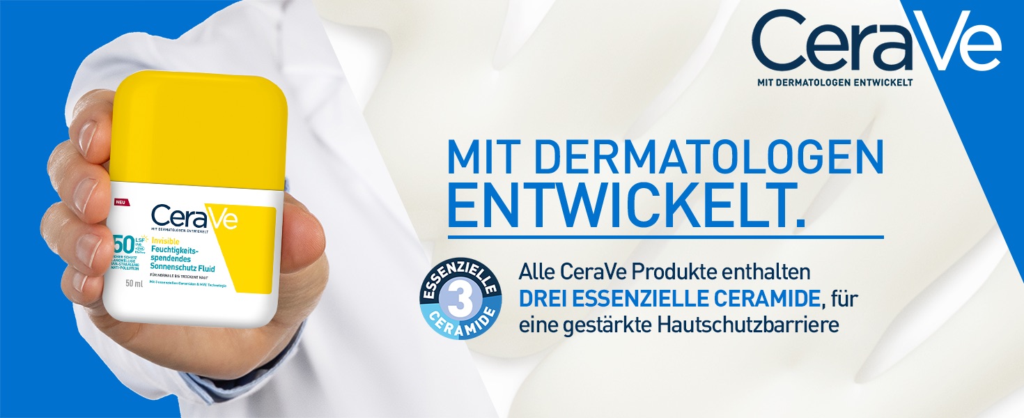 CeraVe Invisible Sonnenschutz Fluid LSF 50. Hand hält Flasche. Text: Mit Dermatologen entwickelt.